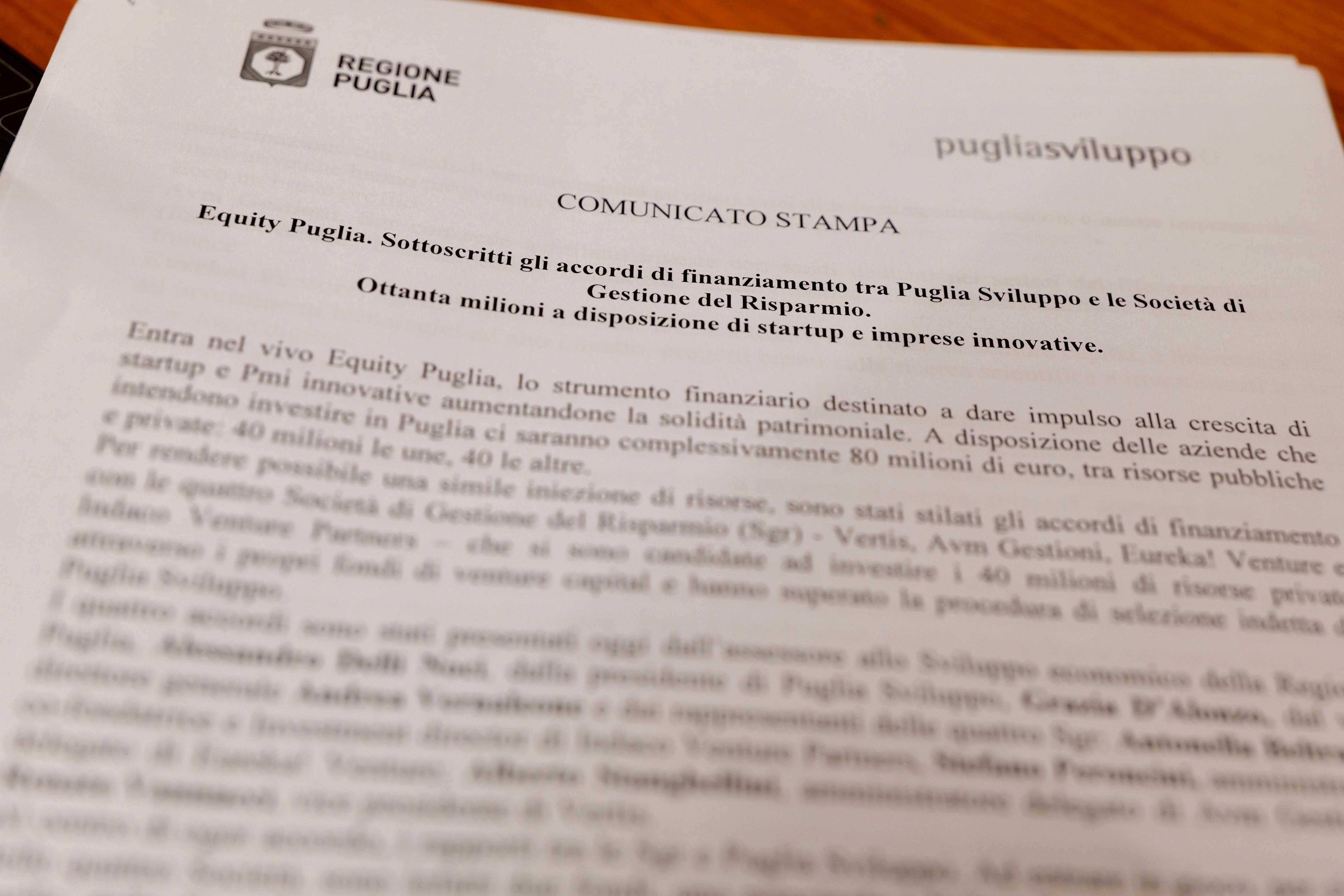 Galleria Equity Puglia. Sottoscritti gli accordi di finanziamento tra Puglia Sviluppo e le Società di Gestione del Risparmio. Ottanta milioni a disposizione di startup e imprese innovative - Diapositiva 8 di 9